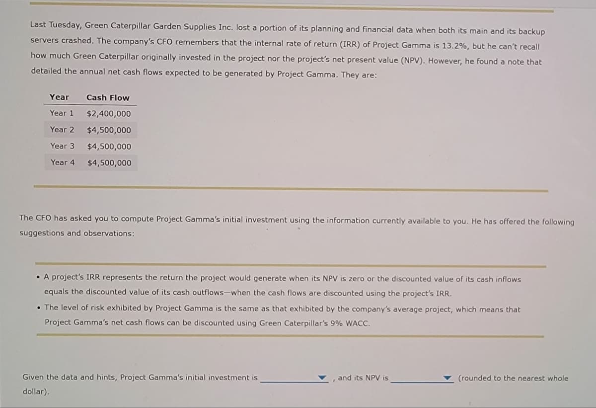 Last Tuesday, Green Caterpillar Garden Supplies Inc. lost a portion of its planning and financial data when both its main and its backup
servers crashed. The company's CFO remembers that the internal rate of return (IRR) of Project Gamma is 13.2%, but he can't recall
how much Green Caterpillar originally invested in the project nor the project's net present value (NPV). However, he found a note that
detailed the annual net cash flows expected to be generated by Project Gamma. They are:
Year
Year 1
Year 2
Year 3
Year 4
Cash Flow
$2,400,000
$4,500,000
$4,500,000
$4,500,000
The CFO has asked you to compute Project Gamma's initial investment using the information currently available to you. He has offered the following.
suggestions and observations:
• A project's IRR represents the return the project would generate when its NPV is zero or the discounted value of its cash inflows
equals the discounted value of its cash outflows-when the cash flows are discounted using the project's IRR.
The level of risk exhibited by Project Gamma is the same as that exhibited by the company's average project, which means that
Project Gamma's net cash flows can be discounted using Green Caterpillar's 9% WACC.
Given the data and hints, Project Gamma's initial investment is
dollar).
and its NPV is
(rounded to the nearest whole