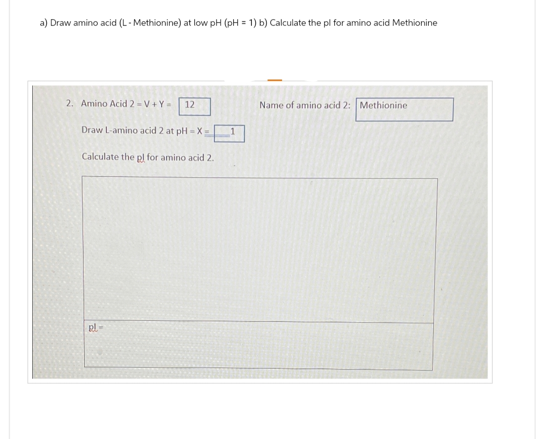 a) Draw amino acid (L-Methionine) at low pH (pH= 1) b) Calculate the pl for amino acid Methionine
2. Amino Acid 2 = V + Y =
12
Draw L-amino acid 2 at pH = X =
Calculate the pl for amino acid 2.
pl=
1
Name of amino acid 2: Methionine