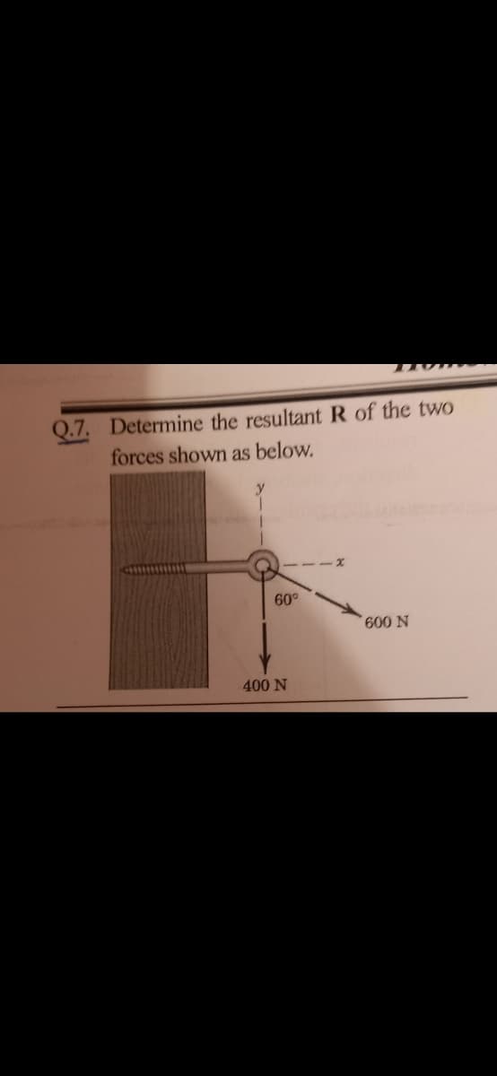 Q.7.
Determine the resultant R of the two
forces shown as below.
60°
400 N
