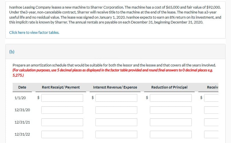 Ivanhoe Leasing Company leases a new machine to Sharrer Corporation. The machine has a cost of $65,000 and fair value of $92,000.
Under the3-year, non-cancelable contract, Sharrer will receive title to the machine at the end of the lease. The machine has a3-year
useful life and no residual value. The lease was signed on January 1, 2020. Ivanhoe expects to earn an 8% return on its investment, and
this implicit rate is known by Sharrer. The annual rentals are payable on each December 31, beginning December 31, 2020.
Click here to view factor tables.
(b)
Prepare an amortization schedule that would be suitable for both the lessor and the lessee and that covers all the years involved.
(For calculation purposes, use 5 decimal places as displayed in the factor table provided and round final answers to 0 decimal places e.g.
5,275.)
Date
1/1/20
12/31/20
12/31/21
12/31/22
$
Rent Receipt/ Payment
Interest Revenue/ Expense
$
$
+A
Reduction of Principal
Receiv