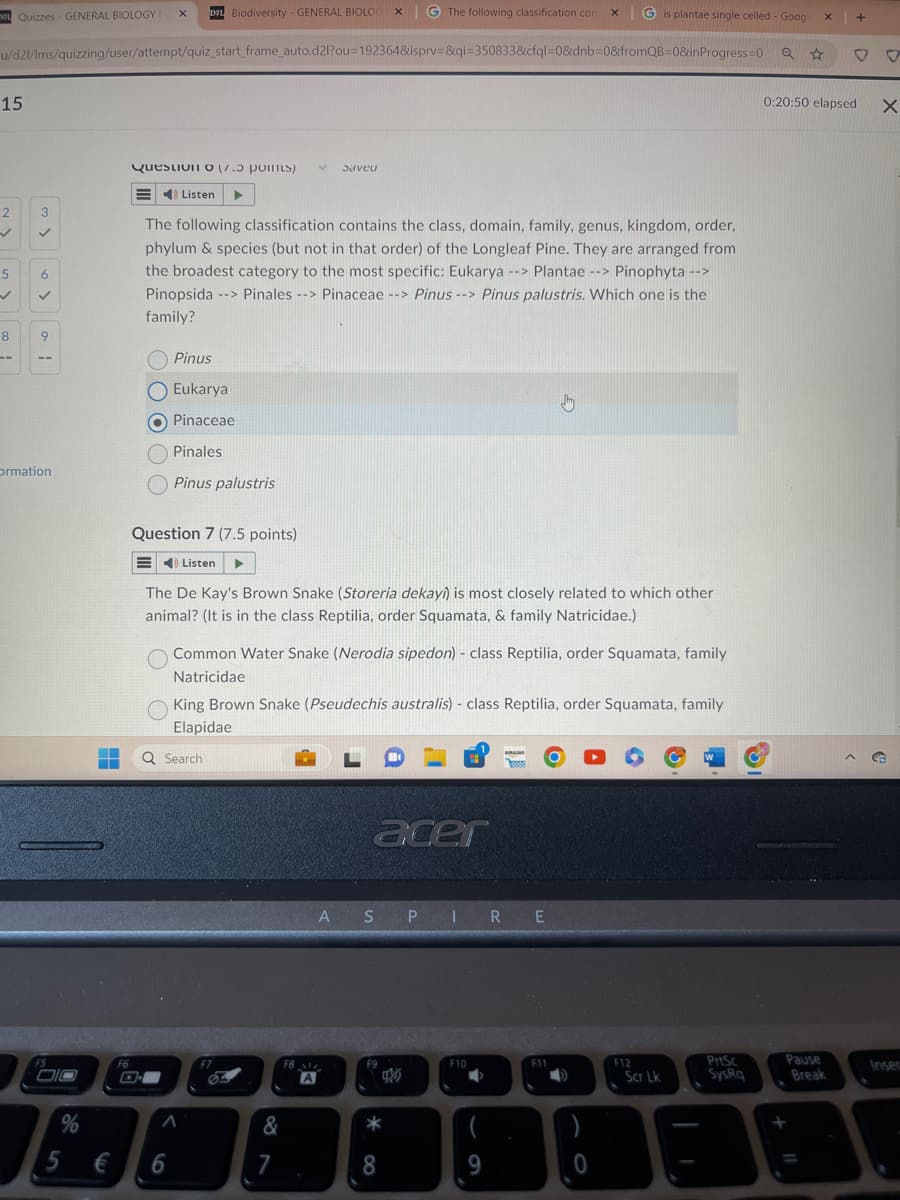 Quizzes - GENERAL BIOLOGY |
x
DZL Biodiversity - GENERAL BIOLOG x |
The following classification con x
Gis plantae single celled - Goog x +
u/d2/lms/quizzing/user/attempt/quiz_start_frame_auto.d2l?ou=192364&isprv=&qi=350833&cfql=0&dnb=0&fromQB=0&in Progress=0 Q
15
5
8
ormation
Question (7.5 points)
Saved
0:20:50 elapsed
☑
Listen
The following classification contains the class, domain, family, genus, kingdom, order,
phylum & species (but not in that order) of the Longleaf Pine. They are arranged from
the broadest category to the most specific: Eukarya --> Plantae Pinophyta -->
Pinopsida --> Pinales --> Pinaceae --> Pinus --> Pinus palustris. Which one is the
family?
Pinus
Eukarya
Pinaceae
Pinales
Pinus palustris
Question 7 (7.5 points)
Listen
The De Kay's Brown Snake (Storeria dekayi) is most closely related to which other
animal? (It is in the class Reptilia, order Squamata, & family Natricidae.)
Common Water Snake (Nerodia sipedon) - class Reptilia, order Squamata, family
Natricidae
King Brown Snake (Pseudechis australis) class Reptilia, order Squamata, family
Elapidae
Q Search
F6
%
5 € 6
acer
ASPIRE
F7
F8
A
A
&
18
7
F9
F10
F11
F12
PrtSc
Pause
Inser
Scr Lk
SysRq
Break
8
9
0