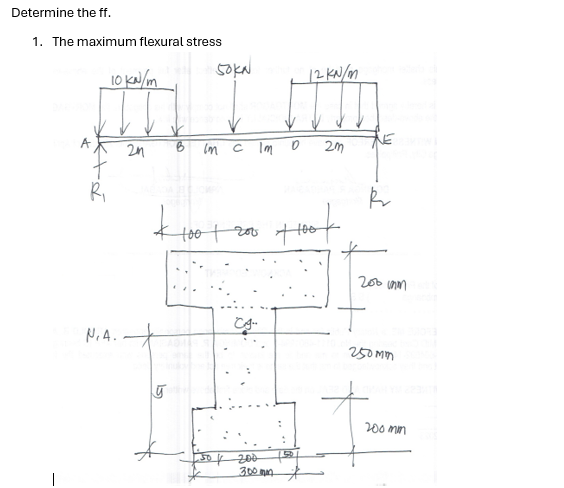 Determine the ff.
1. The maximum flexural stress
10 KN/m
50kN
12 kN/m
A
E
24
Im c Im
D
2m
R₁
R
N.A.
£ 100 + 200 +1007
200 unan
15
Cg
50 / 200
300mm f
250mm
200mm