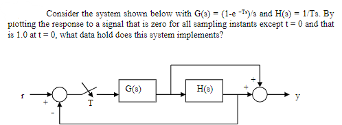 Consider the system shown below with G(s) = (1-e -)/s and H(s) = 1/Ts. By
plotting the response to a signal that is zero for all sampling instants except t = and that
is 1.0 at t= 0, what data hold does this system implements?
f
G(s)
H(s)
A