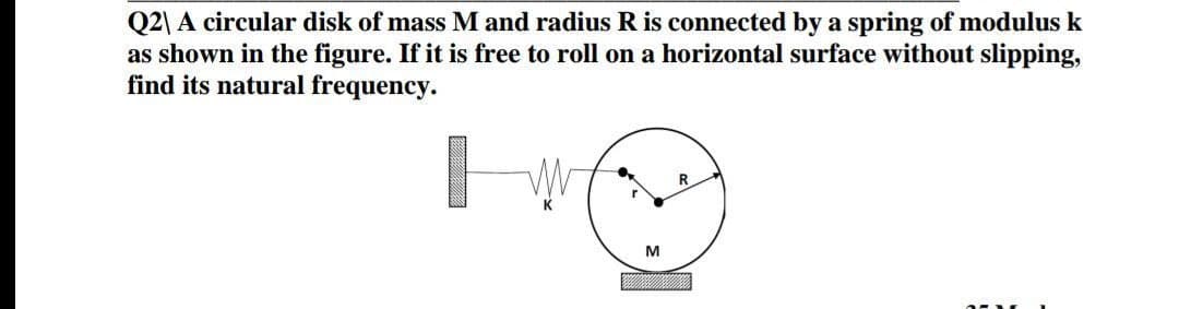 Q2\ A circular disk of mass M and radius R is connected by a spring of modulus k
as shown in the figure. If it is free to roll on a horizontal surface without slipping,
find its natural frequency.
R
