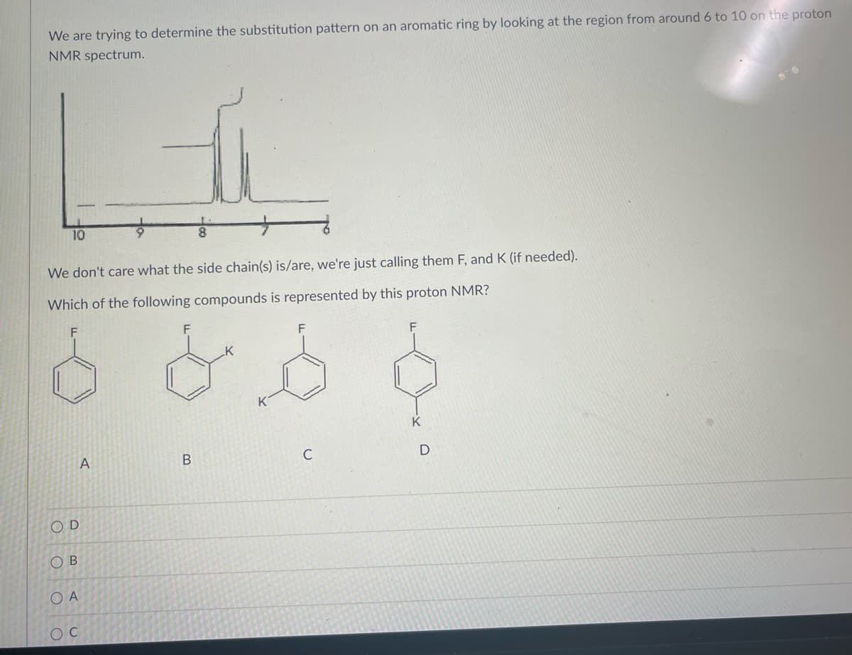We are trying to determine the substitution pattern on an aromatic ring by looking at the region from around 6 to 10 on the proton
NMR spectrum.
10
We don't care what the side chain(s) is/are, we're just calling them F, and K (if needed).
Which of the following compounds is represented by this proton NMR?
F
D
OB
OA
A
O C
B
C
D