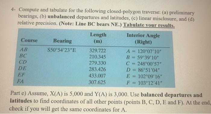 4- Compute and tabulate for the following closed-polygon traverse: (a) preliminary
bearings, (b) unbalanced departures and latitudes, (c) linear misclosure, and (d)
relative precision. (Note: Line BC bears NE.) Tabulate your results.
Interior Angle
(Right)
Course
AB
Bearing
S50°54'23"E
Length
(m)
329.722
A = 120°07'10"
BC
210.345
B
=
59°39'10"
CD
279.330
C = 248°00'57"
DE
283.426
D
1
86°51'04"
EF
433.007
E
= 102°09'16"
FA
307.625
F
= 103°12'41"
Part e) Assume, X(A) is 5,000 and Y(A) is 3,000. Use balanced departures and
latitudes to find coordinates of all other points (points B, C, D, E and F). At the end
check if you will get the same coordinates for A.