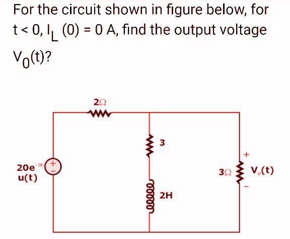For the circuit shown in figure below, for
t<0, IL (0) = 0 A, find the output voltage
Vo(t)?
20et
u(t)
292
www
www
3
HJ
2H
00000
ΒΩ
V.(t)
