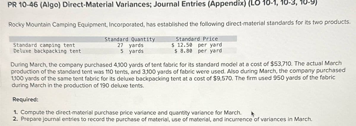 PR 10-46 (Algo) Direct-Material Variances; Journal Entries (Appendix) (LO 10-1, 10-3, 10-9)
Rocky Mountain Camping Equipment, Incorporated, has established the following direct-material standards for its two products.
Standard camping tent
Deluxe backpacking tent
Standard Quantity
27 yards
5 yards
Standard Price
$ 12.50
per yard
$ 8.80 per yard
During March, the company purchased 4,100 yards of tent fabric for its standard model at a cost of $53,710. The actual March
production of the standard tent was 110 tents, and 3,100 yards of fabric were used. Also during March, the company purchased
1,100 yards of the same tent fabric for its deluxe backpacking tent at a cost of $9,570. The firm used 950 yards of the fabric
during March in the production of 190 deluxe tents.
Required:
1. Compute the direct-material purchase price variance and quantity variance for March.
2. Prepare journal entries to record the purchase of material, use of material, and incurrence of variances in March.