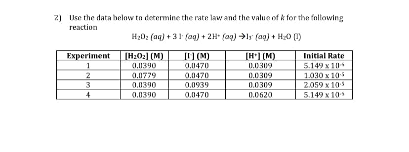 2) Use the data below to determine the rate law and the value of k for the following
reaction
H2O2 (aq) + 3 I (aq) + 2H* (aq) →13° (aq) + H20 (1)
Experiment
[H20z] (M)
[F] (M)
[H*] (M)
Initial Rate
0.0390
0.0470
0.0309
5.149 x 10-6
0.0779
0.0470
0.0309
1.030 x 10-5
2.059 x 10-5
5.149 x 10-6
3
0.0390
0.0939
0.0309
4
0.0390
0.0470
0.0620
