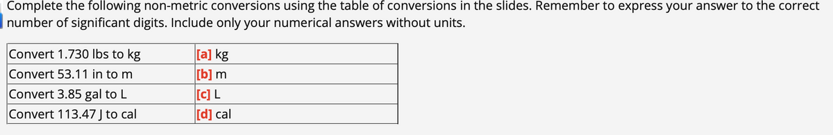 Complete the following non-metric conversions using the table of conversions in the slides. Remember to express your answer to the correct
number of significant digits. Include only your numerical answers without units.
Convert 1.730 lbs to kg
Convert 53.11 in to m
Convert 3.85 gal to L
Convert 113.47 J to cal
[a] kg
[b] m
[C] L
[d] cal