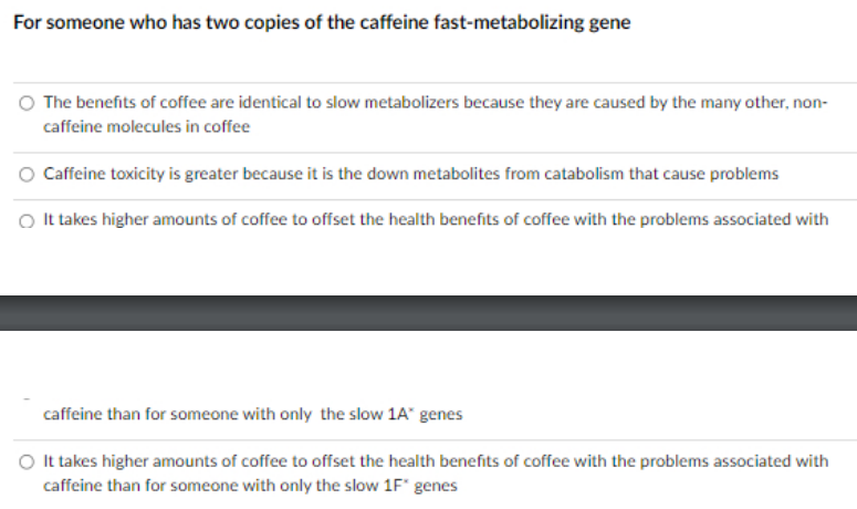 For someone who has two copies of the caffeine fast-metabolizing gene
The benefits of coffee are identical to slow metabolizers because they are caused by the many other, non-
caffeine molecules in coffee
Caffeine toxicity is greater because it is the down metabolites from catabolism that cause problems
O It takes higher amounts of coffee to offset the health benefits of coffee with the problems associated with
caffeine than for someone with only the slow 1A* genes
It takes higher amounts of coffee to offset the health benefits of coffee with the problems associated with
caffeine than for someone with only the slow 1F* genes