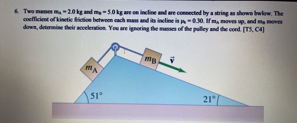 6. Two masses mA = 2.0 kg and mB = 5.0 kg are on incline and are connected by a string as shown bwlow. The
coefficient of kinetic friction between each mass and its incline is μ = 0.30. If mA moves up, and me moves
down, determine their acceleration. You are ignoring the masses of the pulley and the cord. [T5, C4]
MB
MA
21°
51°