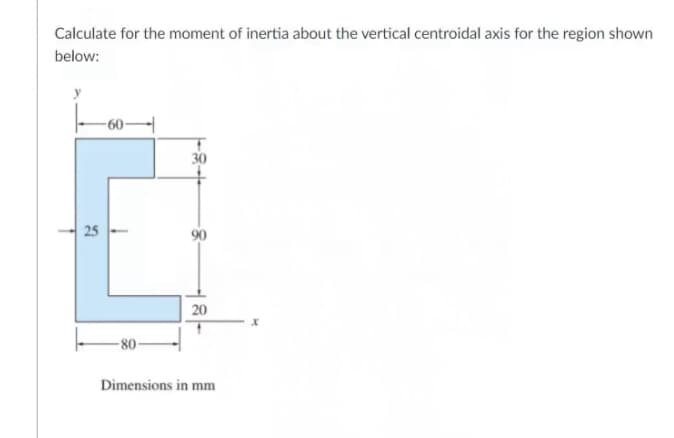 Calculate for the moment of inertia about the vertical centroidal axis for the region shown
below:
-60-
30
25
90
20
Dimensions in mm

