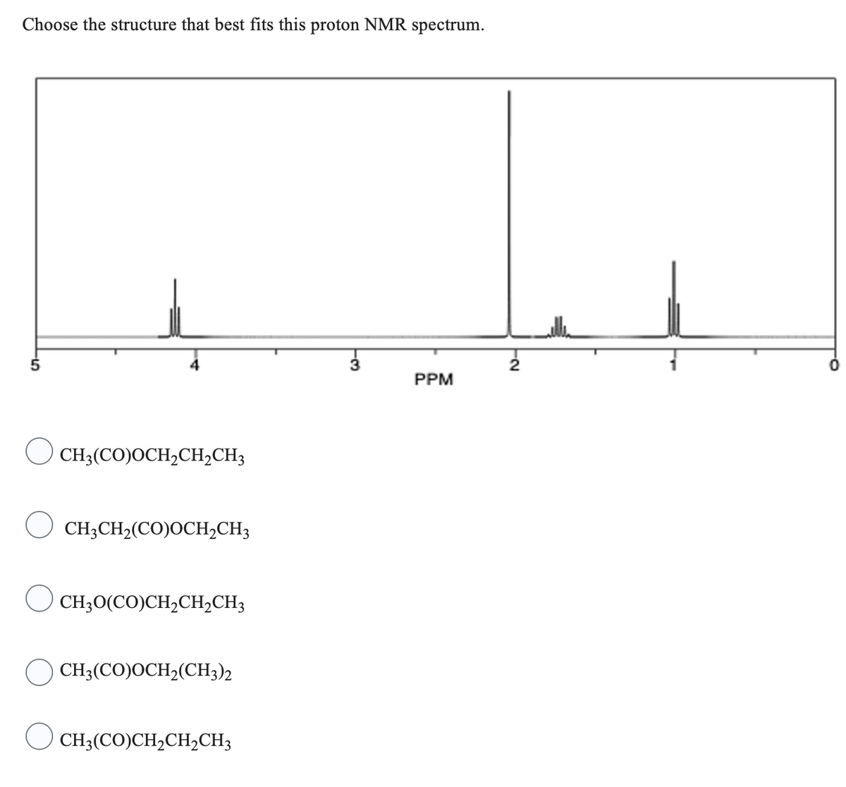 Choose the structure that best fits this proton NMR spectrum.
CH3(CO)OCH₂CH₂CH3
CH3CH₂(CO)OCH₂CH3
CH3O(CO)CH₂CH₂CH3
CH3(CO)OCH₂(CH3)2
CH,(CO)CH,CH,CH,
PPM
ta
0