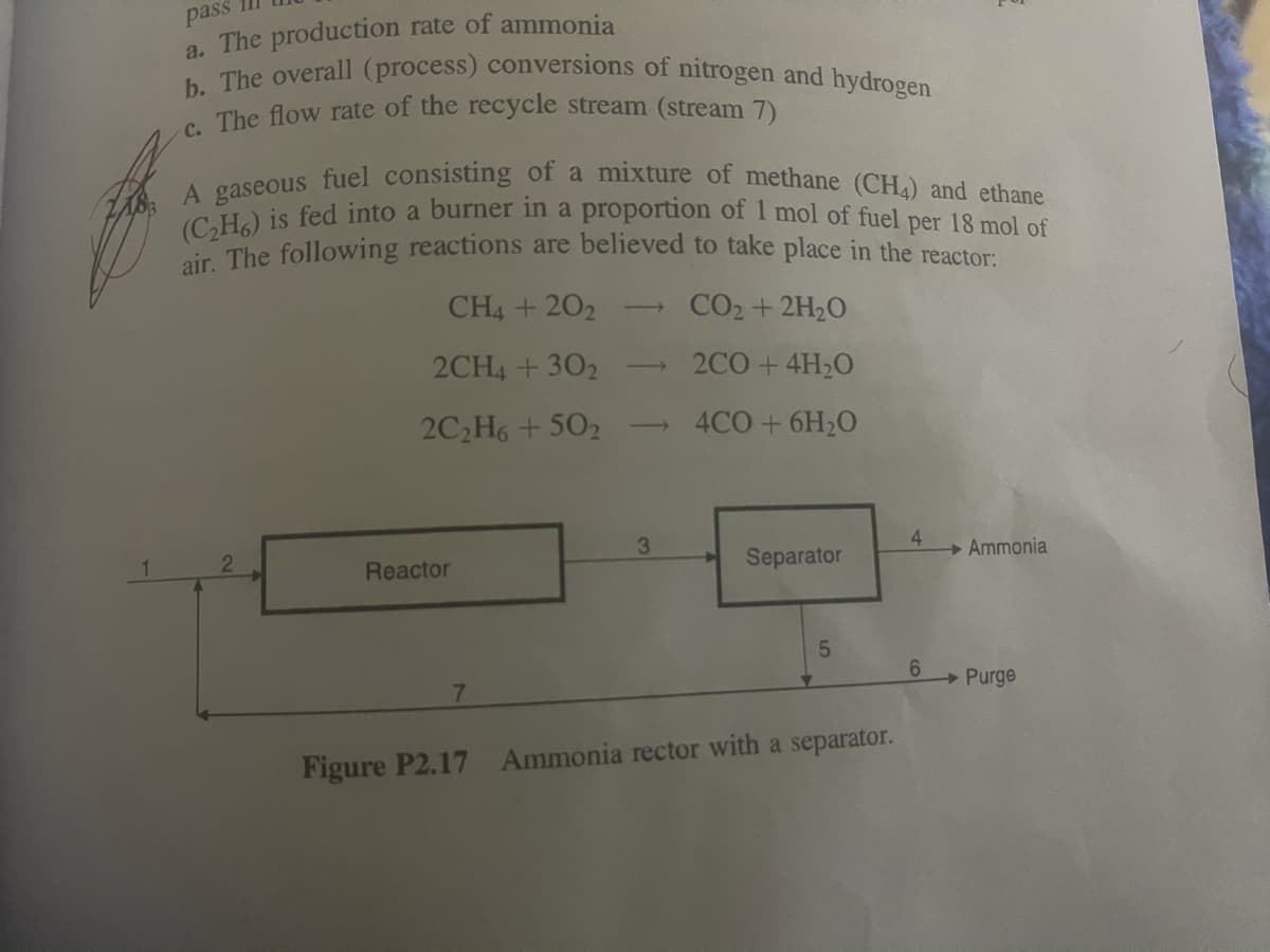 air. The following reactions are believed to take place in the reactor:
(C2H6) is fed into a burner in a proportion of 1 mol of fuel per 18 mol of
A gaseous fuel consisting of a mixture of methane (CH4) and ethane
b. The overall (process) conversions of nitrogen and hydrogen
a. The production rate of ammonia
pass II
. The flow rate of the recycle stream (stream 7)
CH4 + 202
CO2 + 2H20
>
2CH4 +302
2C0+ 4H20
>
2C2H6 + 502
4CO + 6H20
4.
3
Ammonia
Separator
Reactor
6.
Purge
Figure P2.17 Ammonia rector with a separator.
2.
