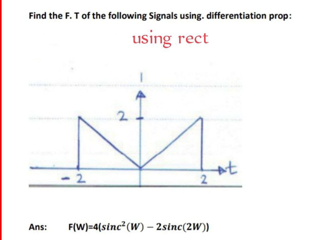 Find the F. T of the following Signals using. differentiation prop:
using rect
Ans:
2
2
1
2
F(W)=4(sinc²(W) - 2sinc(2W))
+t