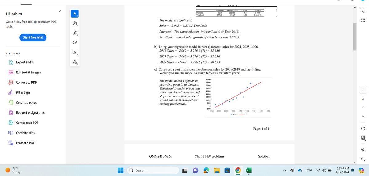 Total
10
1416266003
Hi, sahim
Get a 7-day free trial to premium PDF
tools.
Start free trial
The model is significant.
Intercept
YearCode
Coefficients Standard Error
-2062
2884.50
Stat
P-value
3276.5
487.57
6.72
0.4928
8.65E-05
Sales -2,062 + 3,276.5 YearCode
Intercept: The expected sales in YearCode 0 or Year 2013.
YearCode: Annual sales growth of Diesel cars was 3,276.5.
b) Using your regression model in part a) forecast sales for 2024, 2025, 2026.
-2,062 + 3,276.5 (11) = 33,980
ALL TOOLS
2040 Sales
2025 Sales
-2,062 + 3,276.5 (12) = 37,256
2026 Sales
-2,062+ 3,276.5 (13) = 40,533
Export a PDF
Edit text & images
Convert to PDF
Fill & Sign
Organize pages
Request e-signatures
> Compress a PDF
Combine files
Protect a PDF
c) Construct a plot that shows the observed sales for 2009-2019 and the fit line.
Would you use the model to make forecasts for future years?
The model doesn't appear to
provide a good fit to the data.
The model is under predicting
sales and doesn't have enough
slope the last couple years. I
would not use this model for
making predictions.
40000
35000
30000
25000
20000
15000
10000
5000
2012
2014
2016
2018
2020
2024
2026
2028
Sales -Forecast
Page: 1 of 4
73°F
Sunny
Q Search
QMM2410 W24
Chp 17 HW problems
Ο
Solution
品起
1
4
<< >
Q
ENG
12:40 PM
4/14/2024
PRE