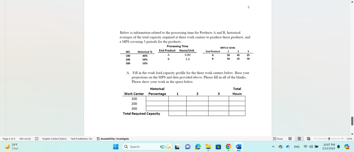 Page 8 of 8
696 words
29°F
Clear
K
8
Below is information related to the processing time for Products A and B, historical
averages of the total capacity required at three work centers to produce these products, and
a MPS covering 3 periods for the products.
Processing Time
MPS in Units
End Product
WC
100
Historical %
40%
A
Hours/Unit
0.80
End Product
A
1
2
3
50
45
25
200
50%
B
1.6
B
30
25
30
300
10%
A. Fill in the work load capacity profile for the three work centers below. Base your
projections on the MPS and data provided above. Please fill in all of the blanks.
Please show your work in the space below.
Historical
Total
Work Center Percentage
1
2
3
Hours
100
200
300
Total Required Capacity
English (United States) Text Predictions: On
Accessibility: Investigate
Q Search
W
Focus
ENG
10:07 PM
3/23/2024
100%
PRE