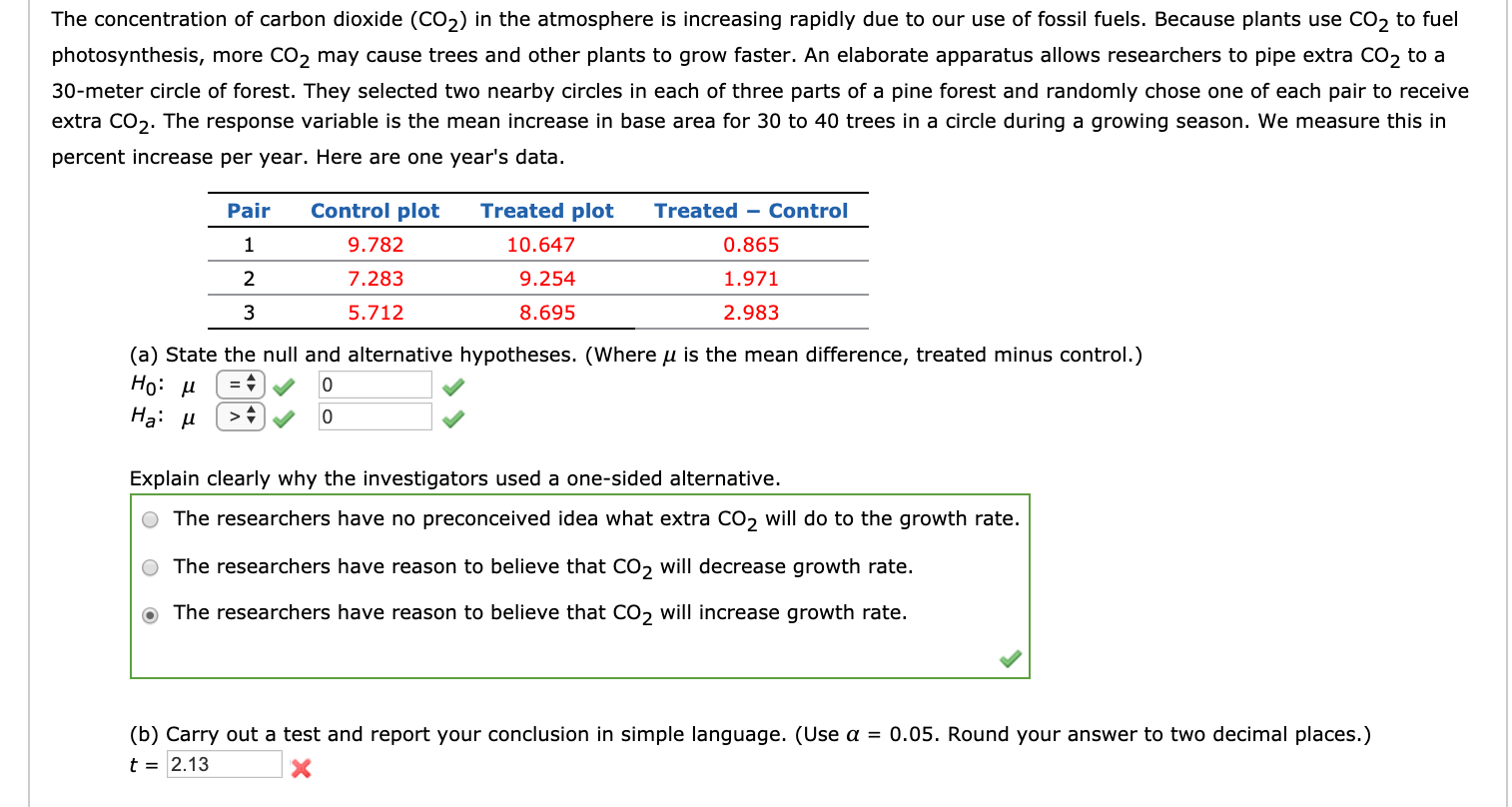 The concentration of carbon dioxide (CO2) in the atmosphere is increasing rapidly due to our use of fossil fuels. Because plants use CO2 to fuel
photosynthesis, more CO2 may cause trees and other plants to grow faster. An elaborate apparatus allows researchers to pipe extra CO2 to a
30-meter circle of forest. They selected two nearby circles in each of three parts of a pine forest and randomly chose one of each pair to receive
extra CO2. The response variable is the mean increase in base area for 30 to 40 trees in a circle during a growing season. We measure this in
percent increase per year. Here are one year's data.
Pair
Control plot
Treated plot
Treated - Control
1
9.782
10.647
0.865
7.283
9.254
1.971
3
5.712
8.695
2.983
(a) State the null and alternative hypotheses. (Where u is the mean difference, treated minus control.)
Но: и
На: и
>+
Explain clearly why the investigators used a one-sided alternative.
O The researchers have no preconceived idea what extra CO, will do to the growth rate.
O The researchers have reason to believe that CO, will decrease growth rate.
O The researchers have reason to believe that CO, will increase growth rate.
(b) Carry out a test and report your conclusion in simple language. (Use a = 0.05. Round your answer to two decimal places.)
t = 2.13
