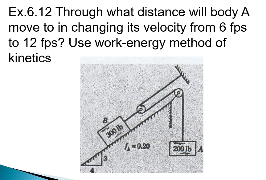 Ex.6.12 Through what distance will body A
move to in changing its velocity from 6 fps
to 12 fps? Use work-energy method of
kinetics
B
300 lb
-0.20
200 lb
