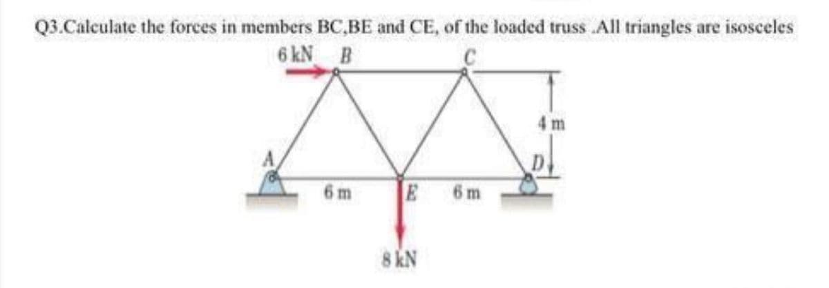 Q3.Calculate the forces in members BC,BE and CE, of the loaded truss All triangles are isosceles
6 kN B
4 m
6 m
E 6m
8 kN
