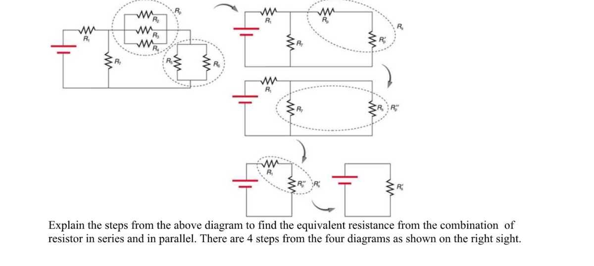 R,
R
R
R
R
R
R,
R
Re
R,
R
CRR
R,
R R
R
Explain the steps from the above diagram to find the equivalent resistance from the combination of
resistor in series and in parallel. There are 4 steps from the four diagrams as shown on the right sight.
