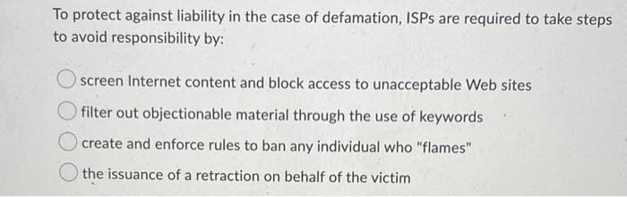 To protect against liability in the case of defamation, ISPs are required to take steps
to avoid responsibility by:
screen Internet content and block access to unacceptable Web sites
filter out objectionable material through the use of keywords
create and enforce rules to ban any individual who "flames"
the issuance of a retraction on behalf of the victim
