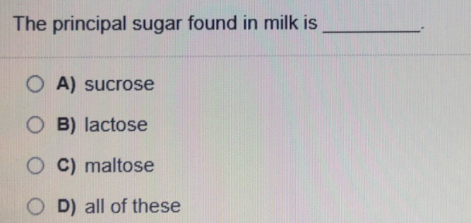 The principal sugar found in milk is
O A) sucrose
O B) lactose
O C) maltose
O D) all of these
