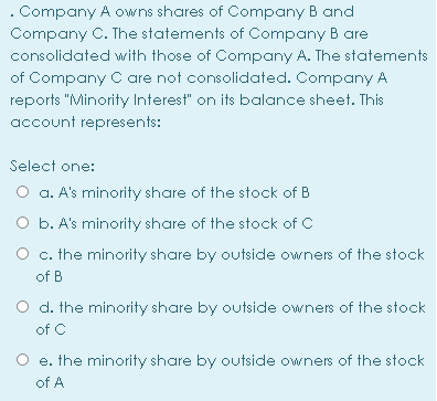 Company A owns shares of Company B and
Company C. The statements of Company B are
consolidated with those of Company A. The statements
of Company C are not consolidated. Company A
reports "Minority Interest" on its balance sheet. This
account represents:
Select one:
O a. A's minority share of the stock of B
O b. A's minority share of the stock of C
O c. the minority share by outside owners of the stock
of B
O d. the minority share by outside owners of the stock
of C
O e. the minority share by outside owners of the stock
of A
