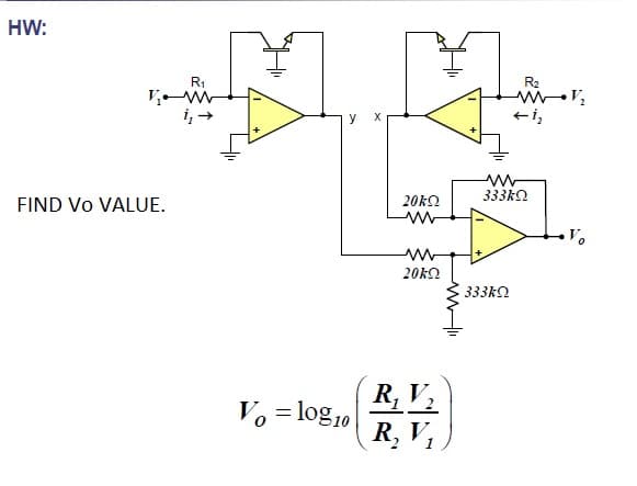 HW:
R1
R2
V w
i, -
+i,
y
X
333k2
FIND Vo VALUE.
20k2
20k2
333k2
R, V,
Vo = log10
R, V,
1
