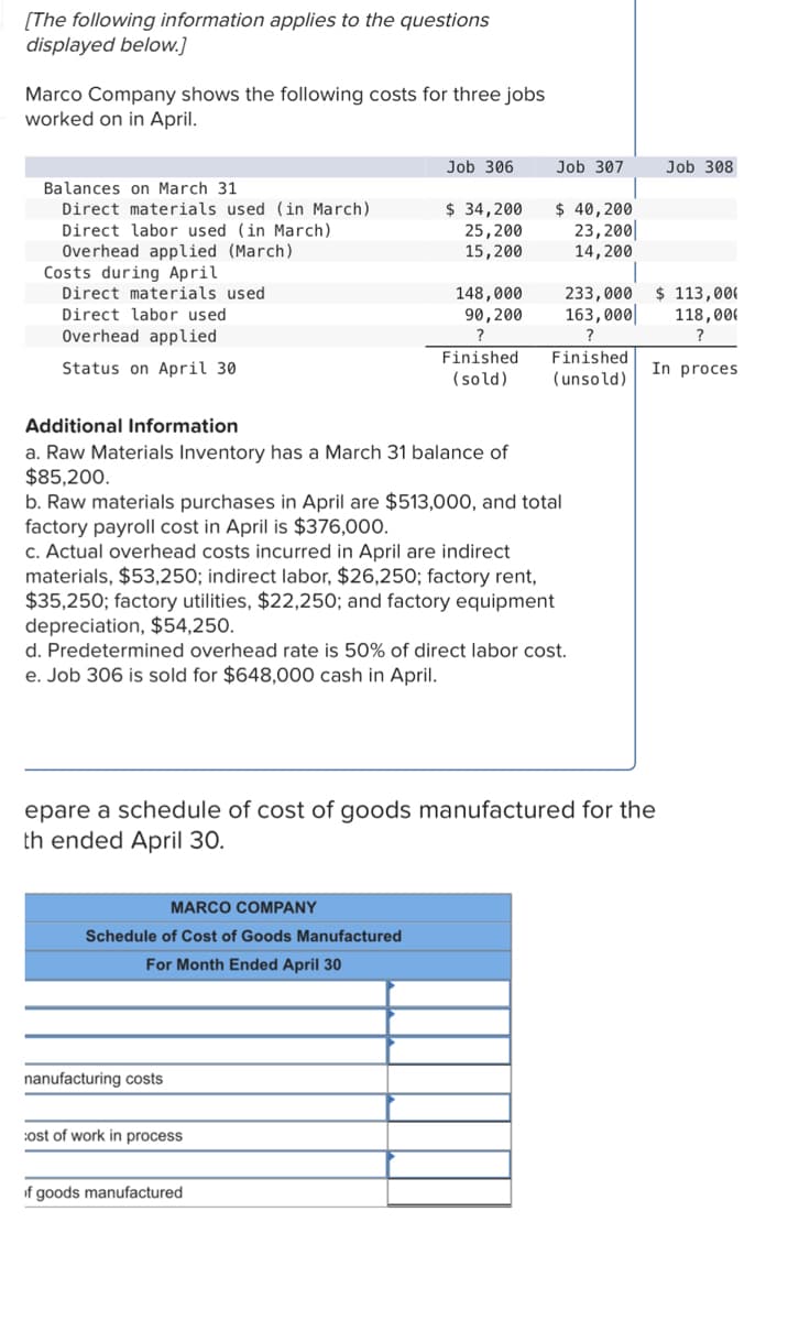 [The following information applies to the questions
displayed below.]
Marco Company shows the following costs for three jobs
worked on in April.
Balances on March 31
Direct materials used (in March).
Direct labor used (in March)
Overhead applied (March)
Costs during April
Direct materials used
Direct labor used.
Overhead applied
Status on April 30
Additional Information
a. Raw Materials Inventory has a March 31 balance of
$85,200.
Job 306
MARCO COMPANY
Schedule of Cost of Goods Manufactured
For Month Ended April 30
$ 34,200
25,200
15,200
nanufacturing costs
148,000
90, 200
?
Finished
(sold)
cost of work in process
b. Raw materials purchases in April are $513,000, and total
factory payroll cost in April is $376,000.
c. Actual overhead costs incurred in April are indirect
materials, $53,250; indirect labor, $26,250; factory rent,
$35,250; factory utilities, $22,250; and factory equipment
depreciation, $54,250.
of goods manufactured
Job 307
d. Predetermined overhead rate is 50% of direct labor cost.
e. Job 306 is sold for $648,000 cash in April.
$ 40,200
23,200
14, 200
233,000
163,000
?
Finished.
(unsold)
epare a schedule of cost of goods manufactured for the
th ended April 30.
Job 308
$ 113,000
118,00
?
In proces