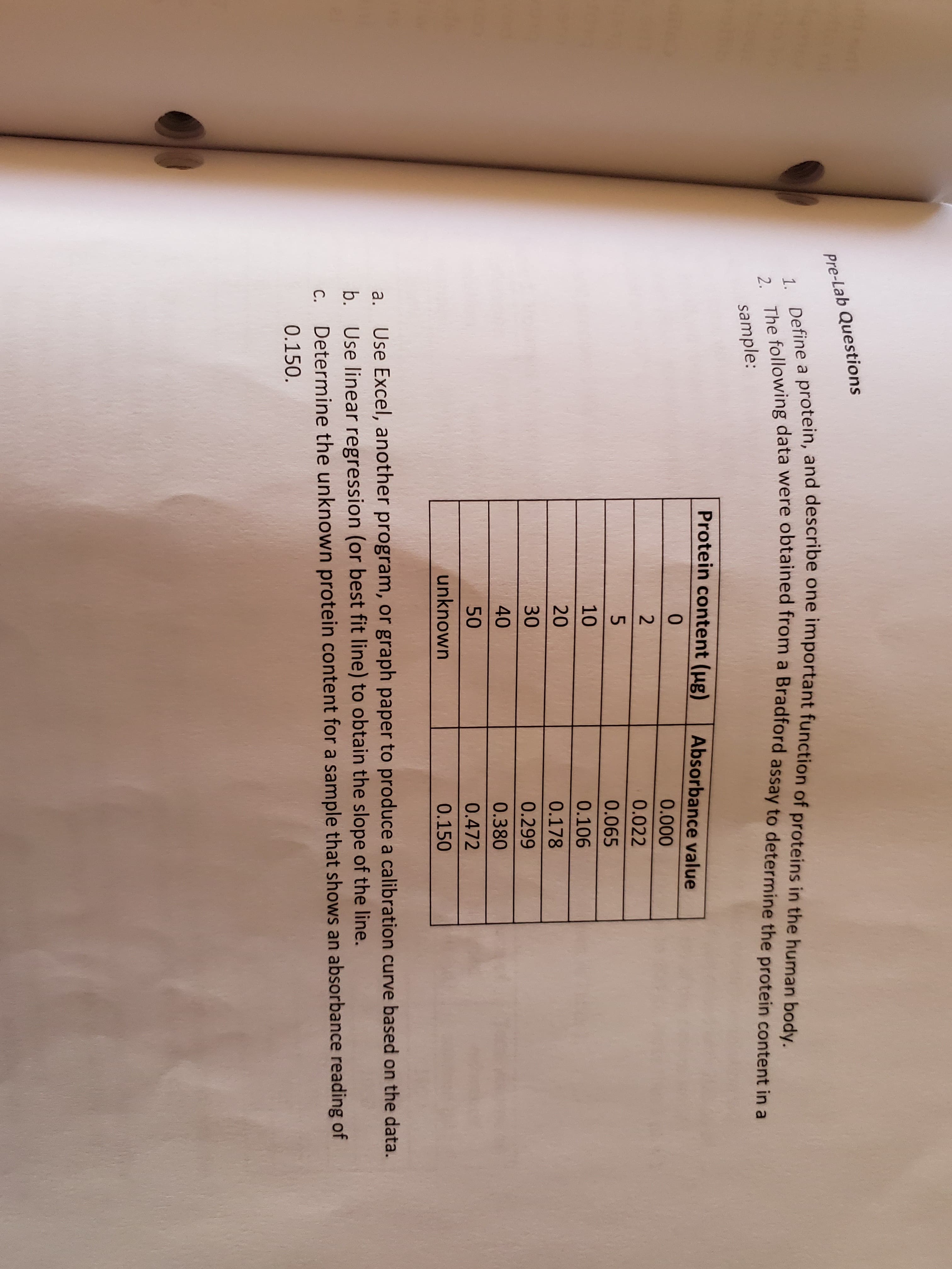 Pre-Lab Questions
1. Define a protein, and describe one important function of proteins in the human body.
2. The following data were obtained from a Bradford assay to determine the protein content in a
sample:
Protein content (ug)
Absorbance value
0
0.000
2
0.022
5
0.065
10
0.106
20
0.178
30
0.299
40
0.380
50
0.472
unknown
0.150
Use Excel, another program, or graph paper to produce a calibration curve based on the data.
Use linear regression (or best fit line) to obtain the slope of the line.
Determine the unknown protein content for a sample that shows an absorbance reading of
b.
С.
0.150.
