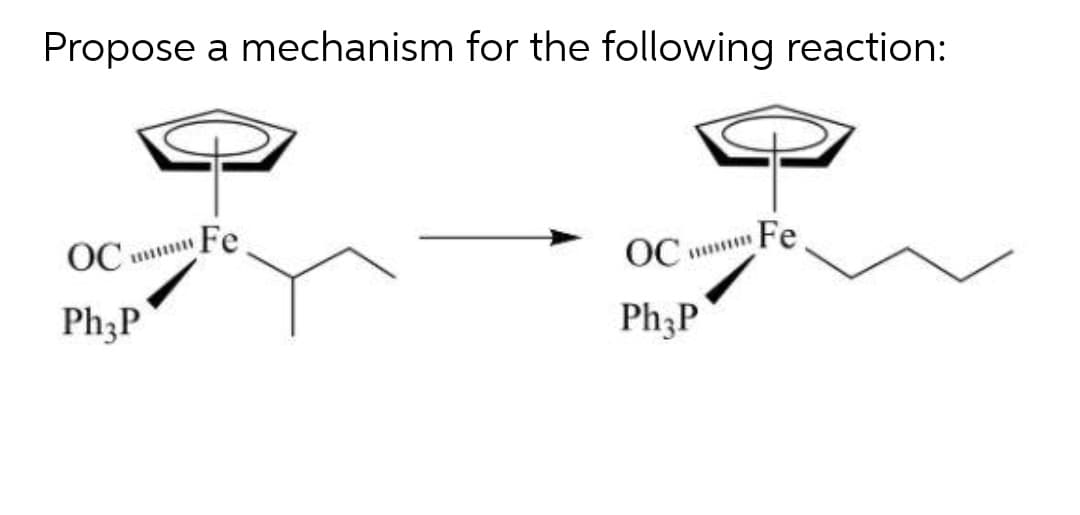 Propose a mechanism for the following reaction:
OC u Fe.
OC Fe
Ph;P
Ph;P
