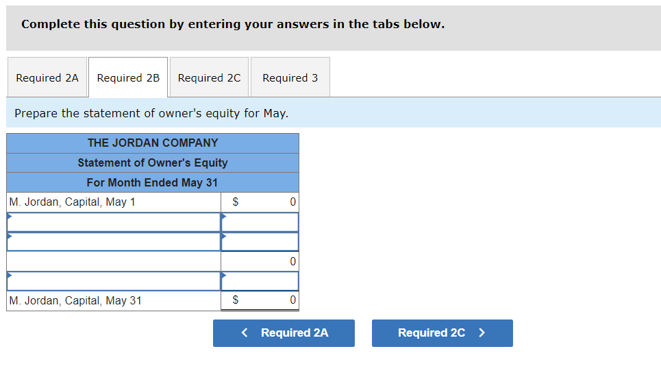 Complete this question by entering your answers in the tabs below.
Required 2A Required 2B
Prepare the statement of owner's equity for May.
THE JORDAN COMPANY
Statement of Owner's Equity
For Month Ended May 31
M. Jordan, Capital, May 1
Required 2C Required 3
M. Jordan, Capital, May 31
$
$
0
0
0
< Required 2A
Required 2C >