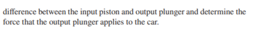 difference between the input piston and output plunger and determine the
force that the output plunger applies to the car.

