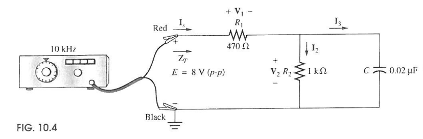 10 kHz
Red
+ V₁
R₁
w
470 Ω
-
Black
FIG. 10.4
ZT
E = 8 V (p-p)
1,
13
V2 R2
1 ΚΩ
C:
0.02 µF