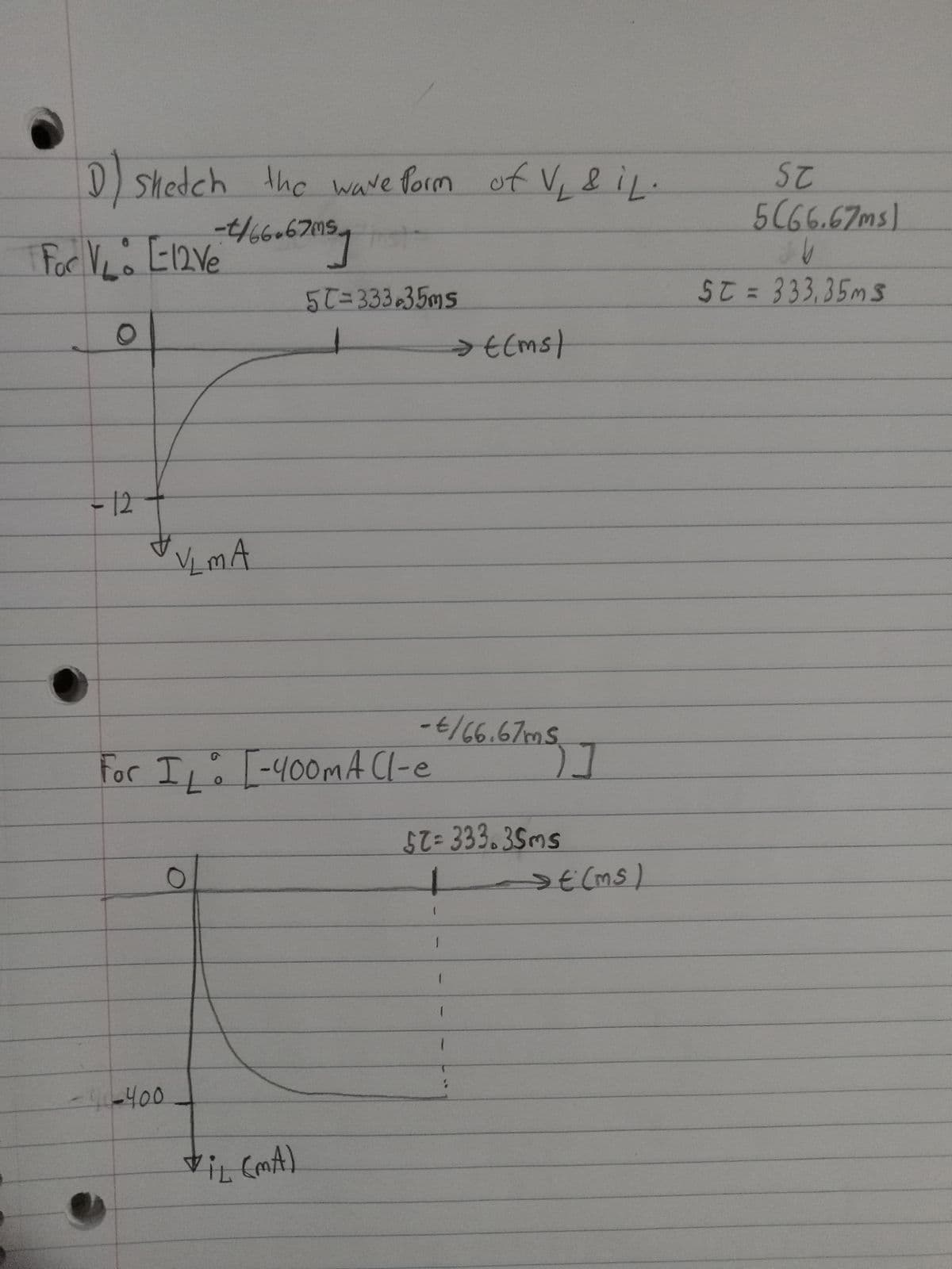 the wave form of V, & iL.
D) Sketch
For V₁ = [-12 Ve */ 66-67115 y
O
55=333.35ms
> t(ms)
-12
女
JVLMA.
For IL : [-400mA (1-e² 66.67ms]
57=333.35ms
40-400
ViL (MA)
1
E(ms)
ST
5(66.67ms)
b
ST = 333,35ms