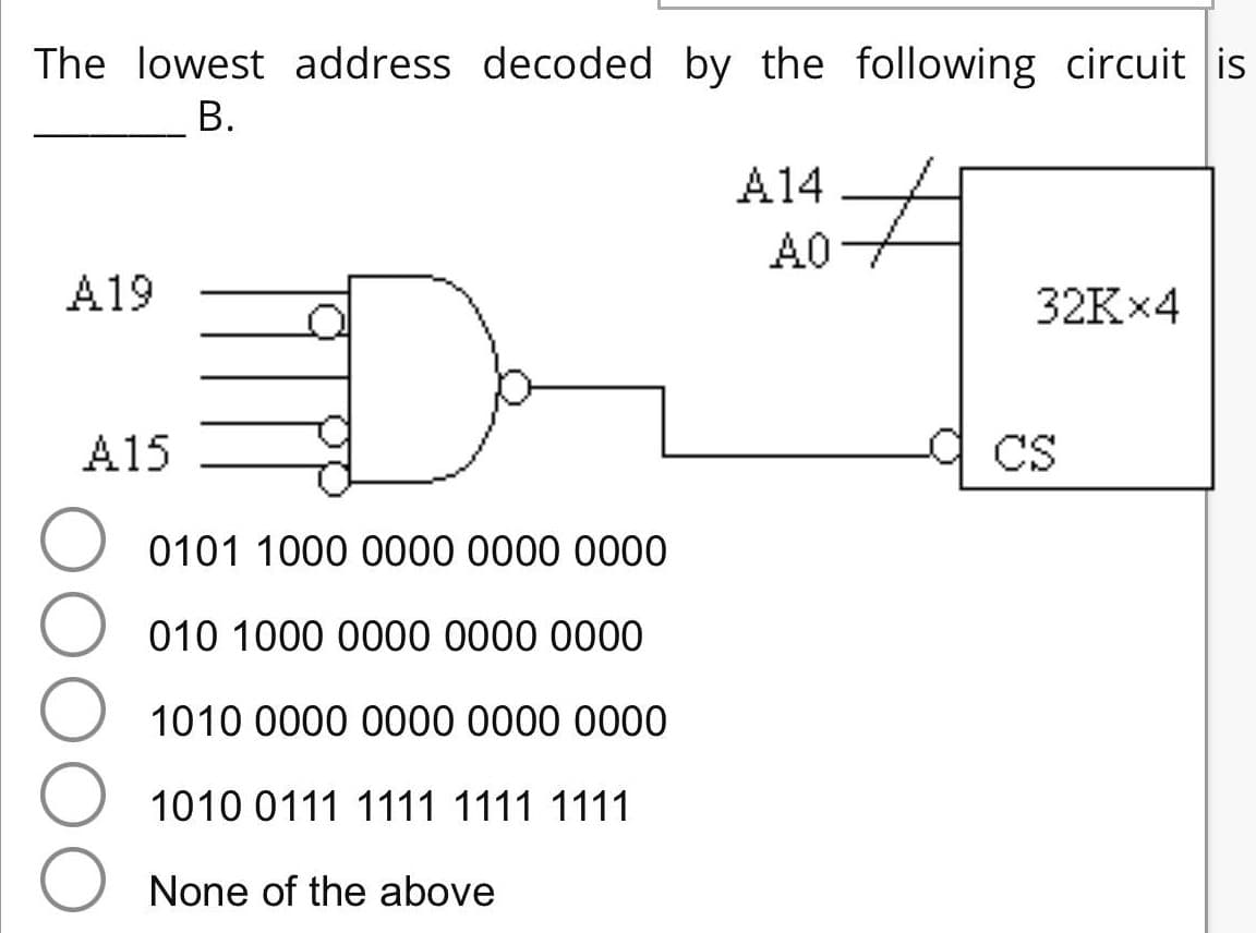 The lowest address decoded by the following circuit is
B.
A14
A0
A19
32K×4
A15
CS
O 0101 1000 0000 0000 0000
010 1000 0000 0000 0000
1010 0000 0000 0000 0000
1010 0111 1111 1111 1111
None of the above
