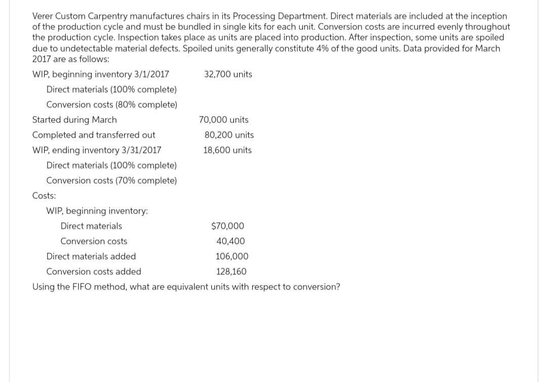Verer Custom Carpentry manufactures chairs in its Processing Department. Direct materials are included at the inception
of the production cycle and must be bundled in single kits for each unit. Conversion costs are incurred evenly throughout
the production cycle. Inspection takes place as units are placed into production. After inspection, some units are spoiled.
due to undetectable material defects. Spoiled units generally constitute 4% of the good units. Data provided for March.
2017 are as follows:
WIP, beginning inventory 3/1/2017
Direct materials (100% complete)
Conversion costs (80% complete)
Started during March
Completed and transferred out
WIP, ending inventory 3/31/2017
Direct materials (100% complete)
Conversion costs (70% complete)
Costs:
32,700 units
70,000 units
80,200 units
18,600 units
WIP, beginning inventory:
Direct materials
Conversion costs
Direct materials added
Conversion costs added
Using the FIFO method, what are equivalent units with respect to conversion?
$70,000
40,400
106,000
128,160