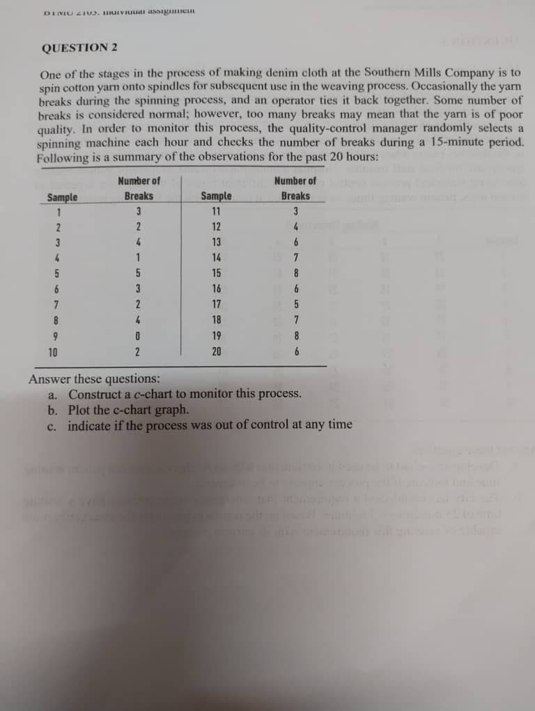 DIMU 2105 assignmen
QUESTION 2
One of the stages in the process of making denim cloth at the Southern Mills Company is to
spin cotton yarn onto spindles for subsequent use in the weaving process. Occasionally the yarn
breaks during the spinning process, and an operator ties it back together. Some number of
breaks is considered normal; however, too many breaks may mean that the yarn is of poor
quality. In order to monitor this process, the quality-control manager randomly selects a
spinning machine each hour and checks the number of breaks during a 15-minute period.
Following is a summary of the observations for the past 20 hours:
Sample
1
2
3
4
5
6
7
8
9
10
Number of
Breaks
3
2
4
1
5
3
2
4
0
2
Sample
11
12
13
14
15
16
17
18
19
20
Number of
Breaks
3
4
6
7
8
6
5
7
8
6
Answer these questions:
a. Construct a c-chart to monitor this process.
b. Plot the c-chart graph.
c. indicate if the process was out of control at any time