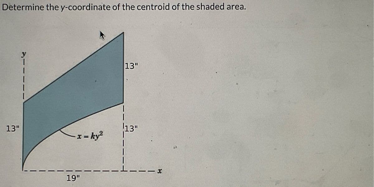 Determine the y-coordinate of the centroid of the shaded area.
13"
- x = ky²
19"
13"
13"
1
---x