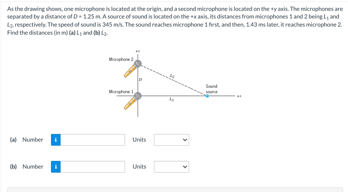 As the drawing shows, one microphone is located at the origin, and a second microphone is located on the +y axis. The microphones are
separated by a distance of D = 1.25 m. A source of sound is located on the +x axis, its distances from microphones 1 and 2 being L1 and
L2, respectively. The speed of sound is 345 m/s. The sound reaches microphone 1 first, and then, 1.43 ms later, it reaches microphone 2.
Find the distances (in m) (a) L1 and (b) L2.
+y
Microphone 2
12
Sound
source
Microphone 1
++
L1
(a) Number
i
Units
Units
(b) Number
