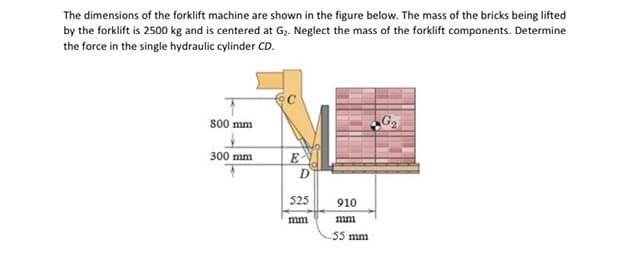 The dimensions of the forklift machine are shown in the figure below. The mass of the bricks being lifted
by the forklift is 2500 kg and is centered at G2. Neglect the mass of the forklift components. Determine
the force in the single hydraulic cylinder CD.
G2
800 mm
300 mm
E
D
525
910
mm
mm
55 mm
