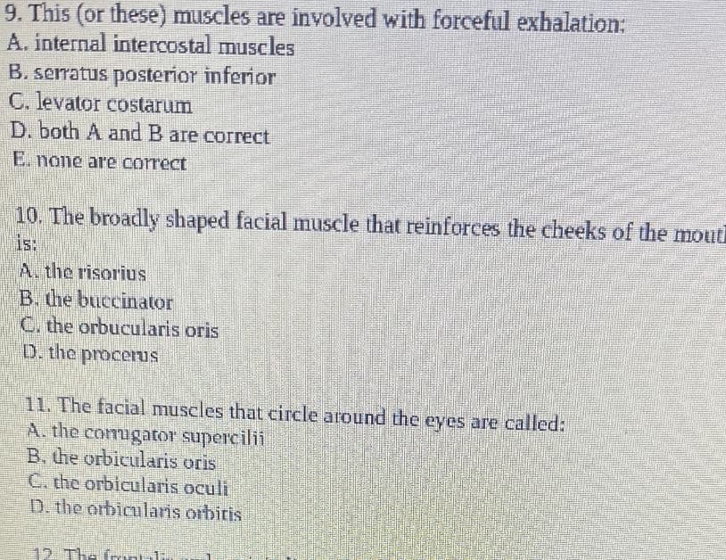 9. This (or these) muscles are involved with forceful exhalation:
A. internal intercostal muscles
B. serratus posterior inferior
C. levator costarum
D. both A and B are correct
E. none are correct
10. The broadly shaped facial muscle that reinforces the cheeks of the mouth
15:
is:
A. the risorius
B. the buccinator
C. the orbucularis oris
D. the procerus
11. The facial muscles that circle around the eyes are called:
A, the comugator supercilii
B. the orbicularis oris
C. the orbicularis oculi,
D. the orbicularis orbitis
12. The frnt
