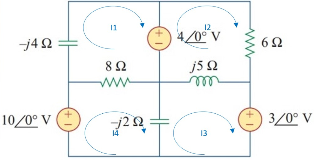 11
12
+.
4/0° V
-j4 2
6Ω
8 Ω
j5 Q
10/0° V
j22
3/0° V
14
13
+1
