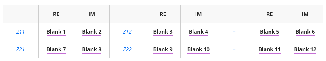 RE
IM
RE
IM
RE
IM
Z11
Blank 1
Blank 2
Z12
Blank 3
Blank 4
Blank 5
Blank 6
Z21
Blank 7
Blank 8
Z22
Blank 9
Blank 10
Blank 11
Blank 12
=
