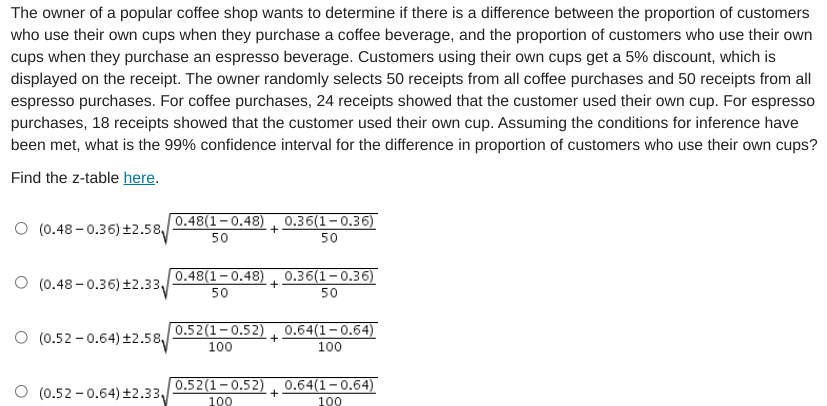 The owner of a popular coffee shop wants to determine if there is a difference between the proportion of customers
who use their own cups when they purchase a coffee beverage, and the proportion of customers who use their own
cups when they purchase an espresso beverage. Customers using their own cups get a 5% discount, which is
displayed on the receipt. The owner randomly selects 50 receipts from all coffee purchases and 50 receipts from all
espresso purchases. For coffee purchases, 24 receipts showed that the customer used their own cup. For espresso
purchases, 18 receipts showed that the customer used their own cup. Assuming the conditions for inference have
been met, what is the 99% confidence interval for the difference in proportion of customers who use their own cups?
Find the z-table here.
O (0.48 - 0.36) ±2.58/
0.48(1–0.48) , 0.36(1–0.36)
50
50
0.48(1-0.48) 0.36(1-0.36)
(0.48 - 0.36) ±2.33/
50
50
O (0.52 - 0.64)±2.58
0.52(1-0.52) 0.64(1-0.64)
+
100
100
0.52(1-0.52) , 0.64(1-0.64)
(0.52 - 0.64) ±2.33,
100
100
