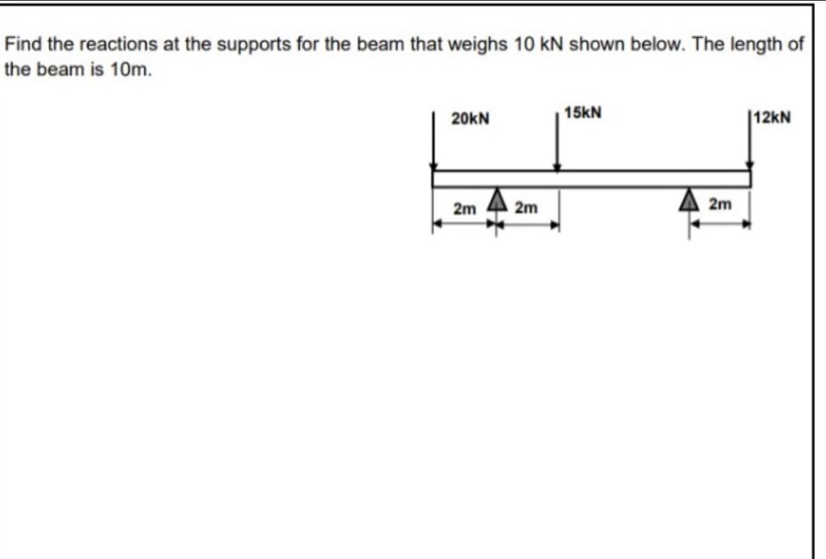 Find the reactions at the supports for the beam that weighs 10 kN shown below. The length of
the beam is 10m.
20kN
15kN
|12kN
2m
2m
2m
