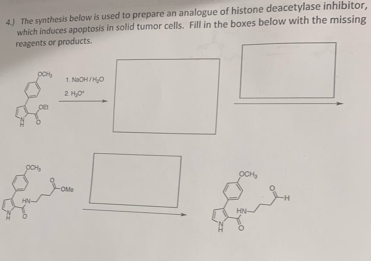 4.) The synthesis below is used to prepare an analogue of histone deacetylase inhibitor,
which induces apoptosis in solid tumor cells. Fill in the boxes below with the missing
reagents or products.
OCHS
OEt
OCHS
HN-
1. NaOH/H₂O
2. H3O+
مريكي
-OMe
HN-
-H