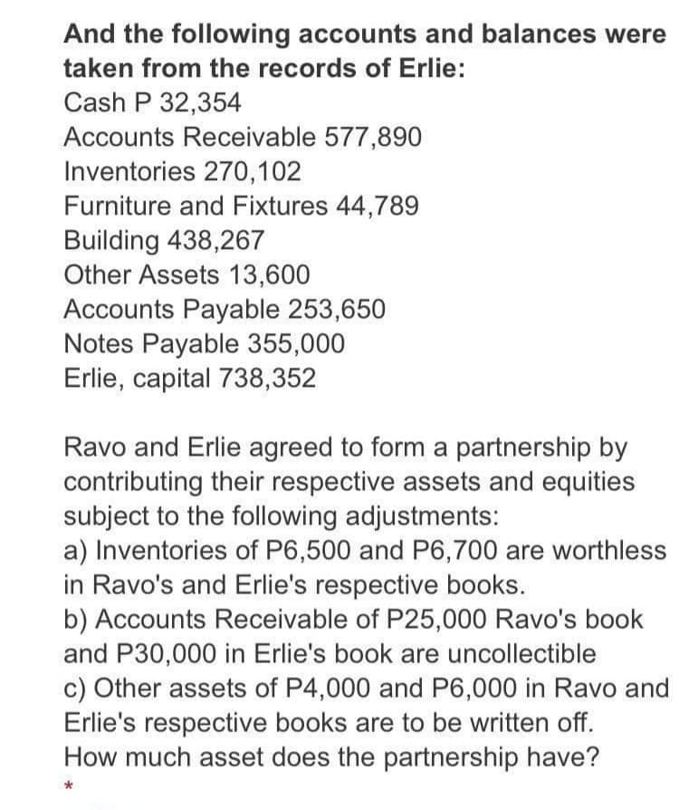 And the following accounts and balances were
taken from the records of Erlie:
Cash P 32,354
Accounts Receivable 577,890
Inventories 270,102
Furniture and Fixtures 44,789
Building 438,267
Other Assets 13,600
Accounts Payable 253,650
Notes Payable 355,000
Erlie, capital 738,352
Ravo and Erlie agreed to form a partnership by
contributing their respective assets and equities
subject to the following adjustments:
a) Inventories of P6,500 and P6,700 are worthless
in Ravo's and Erlie's respective books.
b) Accounts Receivable of P25,000 Ravo's book
and P30,000 in Erlie's book are uncollectible
c) Other assets of P4,000 and P6,000 in Ravo and
Erlie's respective books are to be written off.
How much asset does the partnership have?
